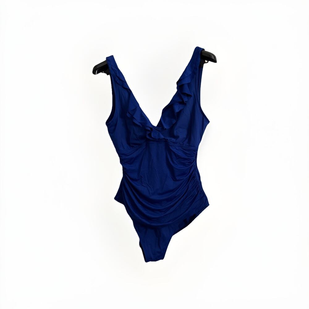 Lauren Ralph‎ Lauren Blue Ruffle Surplice One-Piece Swimsuit Slimming Size 14